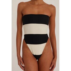 Same Los Angeles L Strapless One Piece Swimsuit Black Ivory Stripe Bandeau NWT
